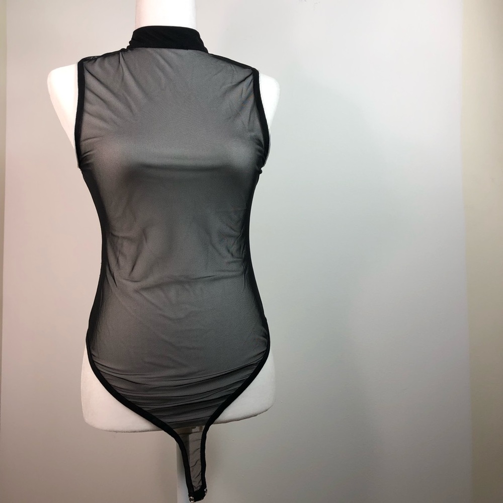 Sheer Mesh Mock Neck Black Bodysuit Size S